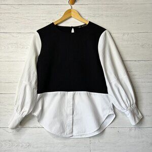 Zara Blouse Womens Size XS Two Tone Black and White Contrast Poplin Top Preppy
